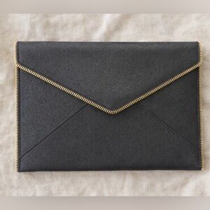 Rebecca Minkoff Saffiano Leather Envelope Clutch – Black / Gold Zip Trim